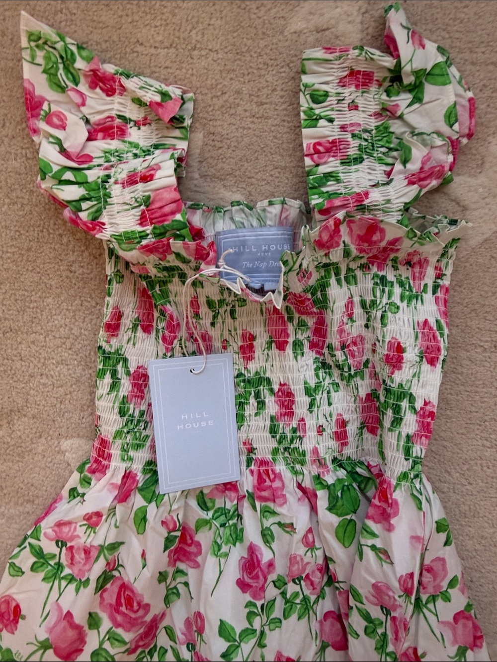 Hill House Floral Midi Dress in Cream with Pink Roses - Picture 3 of 5